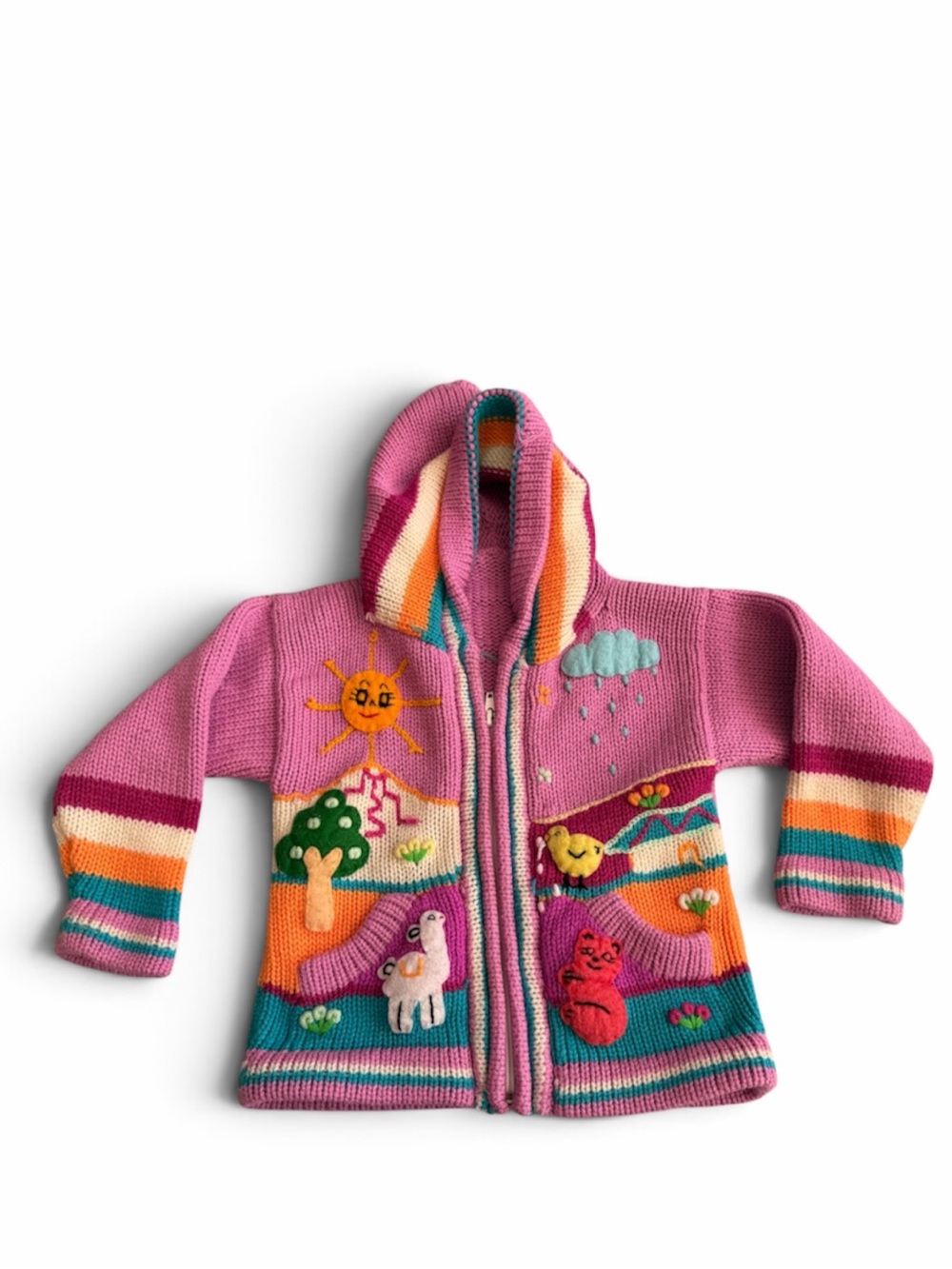 Hand Embroidered Pink Peruvian Kids Hooded Sweater Cardigan Girls Sz 4 Handmade